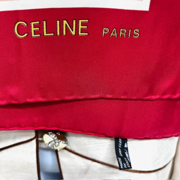 Vintage Celine Paris 100% Silk Scarf Satin 34" Beige Gold Chain Red trim (35) - Picture 9 of 15